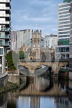 View along the river Irwell to the cathedral