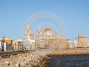 View along the sea wall and Avenido Campo del Sur, including the Cathedral, Cadiz photo
