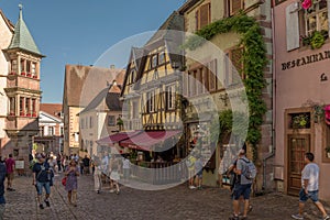 View along a street in the medieval village of Riquewihr, Alsace, France