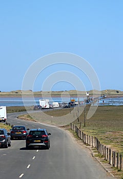 Traffic tidal road to Lindisfarne and Holy Island