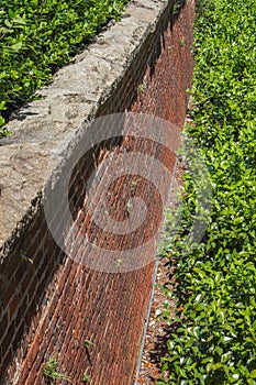 View alongside tall brick retaining wall with rusticated stone cap, green shrubbery