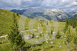 View of alp landscape with meadows and mountains in the Alps