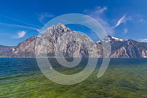 View of the alpine lake in Traunkirchen with Traunstein mountain, Austria, Europe