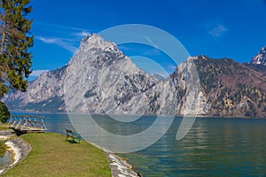 View of the alpine lake in Traunkirchen with Traunstein mountain, Austria, Europe