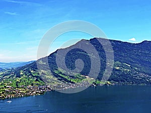 View of the Alpine massif Rigi and Lake Luzerne or Vierwaldstaettersee or Vierwaldsattersee from the Burgenberg