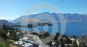 View of the alpine mountain and lake next to Queenstown