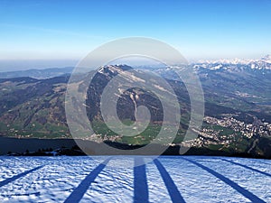 A view of the Alpine peaks of Gnipen and Wildspitz near Lake Zug or Zugersee from the mountain Rigi