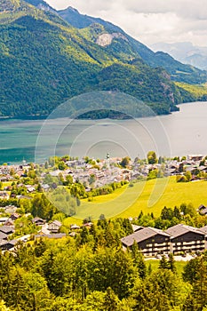 View of alpine village St. Gilgen and Wolfgangsee lake from Mozartblick viewpoint