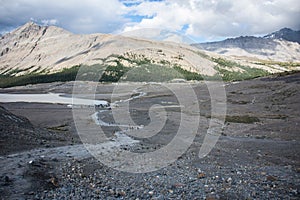 View of alpine wilderness from the Athabasca Glacier along the Icefields Parkway, in the Canadian Rockies, Banff National Park