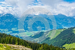 View of the alps along the famous hiking trail Pinzgauer spaziergang near Zell am See, Salzburg region, Austria....IMAGE