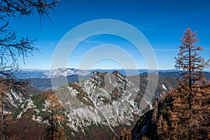 View of Alps mountains on bright autumn day. Hiking to Slemenova Å pica mountain