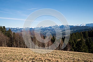 View of the Alps in spring in March from Mount Pfender