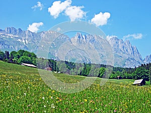 View of the Alpstein mountain range from the Rhine river valley Rheintal, Gams - Canton of St. Gallen, Switzerland