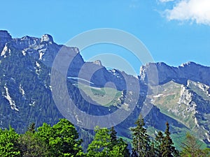 View of the Alpstein mountain range from the Rhine river valley Rheintal, Gams - Canton of St. Gallen, Switzerland