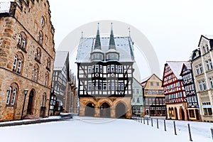 View of Alsfeld town hall, Weinhaus and church on main square, Germany. Historic city in Hesse, Vogelsberg, with old photo