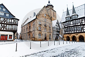 View of Alsfeld town hall, Weinhaus and church on main square, Germany. Historic city in Hesse, Vogelsberg, with old photo