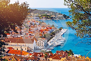 View at amazing archipelago with boats in front of town Hvar, Croatia. Harbor of old Adriatic island town Hvar. Popular touristic