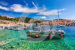 View at amazing archipelago with boats in front of town Hvar, Croatia. Harbor of old Adriatic island town Hvar. Popular touristic