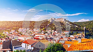 View at amazing archipelago in front of town Hvar, Croatia. Harbor of old Adriatic island town Hvar. Popular touristic destination