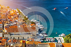 View at amazing archipelago in front of town Hvar, Croatia. Harbor of old Adriatic island town Hvar. Popular touristic destination