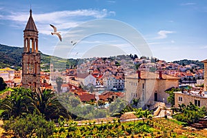 View at amazing archipelago in front of town Hvar, Croatia with seagull`s flying over the city. Harbor of old Adriatic island tow photo
