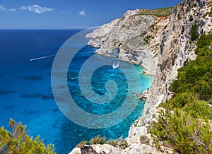 View on amazing island rock mountains bay in Ionian Sea clear blue water and Blue Caves. Green rocks in blue sea landscape. Greece