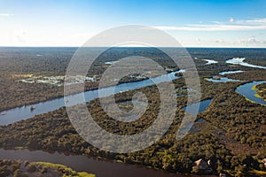 View of the Amazon River, rainforest and swamps, travel concept.