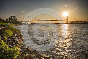 View of Ambassador Bridge connecting Windsor, Ontario to Detroit