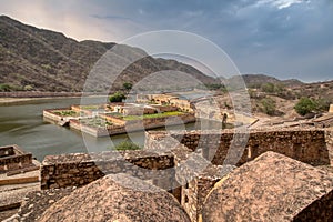 View from Amber Fort across the lake. Famous landmark of Rajasthan near Jaipur