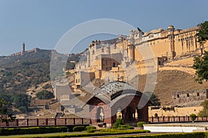 View of Amber Fort and Jaigarh fort from Maotha lake, Jaipur,