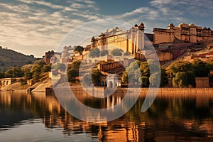 View of Amber Fort in Jaipur, Rajasthan, India, Amber Fort and Maota Lake, Jaipur, Rajasthan, India, AI Generated