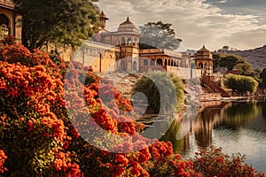 View of Amber Fort in Jaipur, Rajasthan, India, Garden on Maota Lake, Amber Fort, Jaipur, India, AI Generated