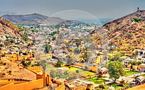 View of Amer town with the Fort. A major tourist attraction in Jaipur - Rajasthan, India