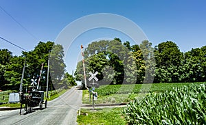 View of An Amish Horse and Carriage Traveling Down a Rural Count