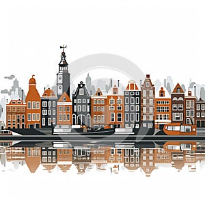 View of Amsterdam with typical dutch old-fashioned houses at the riverbanks.Cityscape of the capital city Amsterdam