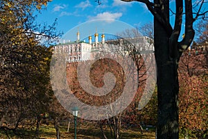 View of the Amusing Palace and the walls of the Moscow Kremlin from the Alexander Garden on an autumn day