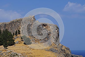 View of the ancient Acropolis of Lindos in August. Rhodes Island, Dodecanese, Greece