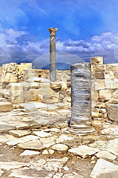 View on ancient architechture ruins colorful painting looks like picture