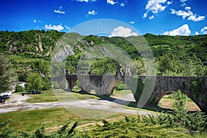 View of the ancient Bobbio bridge, Piacenza bridge up on the Trebbia river, Italy.