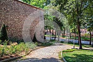 View of the ancient bricks walls in the Gulhane Park near the famous Topkapi Palace. Istanbul, Turkey
