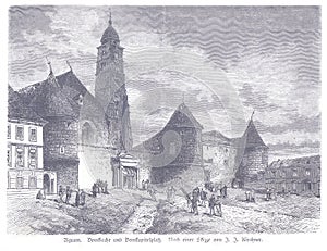 View of the ancient castle of Agram or Zagreb capital in Croatia, vintage engraved illustration