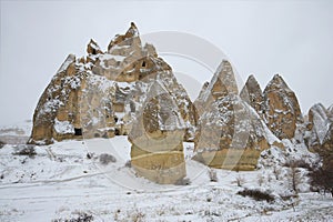 View of the ancient cave city january day. The surrounding area of Goreme, Turkey