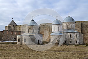 View of the ancient churches of the Ivangorod fortress. Leningrad region