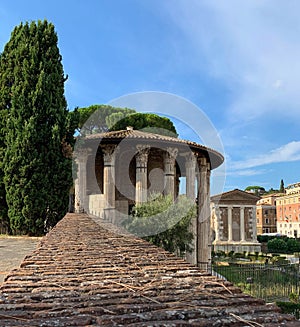 View of ancient circular roman temple - The Temple of Hercules Victor or Hercules, Rome, Italy