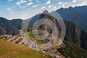 View of the ancient city of Machu Picchu, Peru. Lost Incan City of Machu Picchu near Cusco, Peru. Peruvian Historical Sanctuary