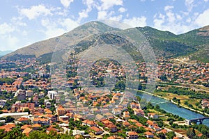 View of ancient city of Trebinje and Trebisnjica river on sunny summer day. Bosnia and Herzegovina