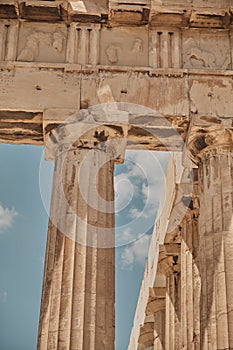 View of ancient columns Acropolis in a sunny day in Greece Athens