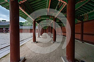 The view of the ancient corridor at Changdeokgung Palace in Seoul, South Korea