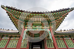 The view of the ancient gate or hall at Changdeokgung Palace in Seoul, South Korea