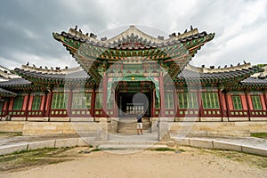 The view of the ancient gate or hall at Changdeokgung Palace in Seoul, South Korea